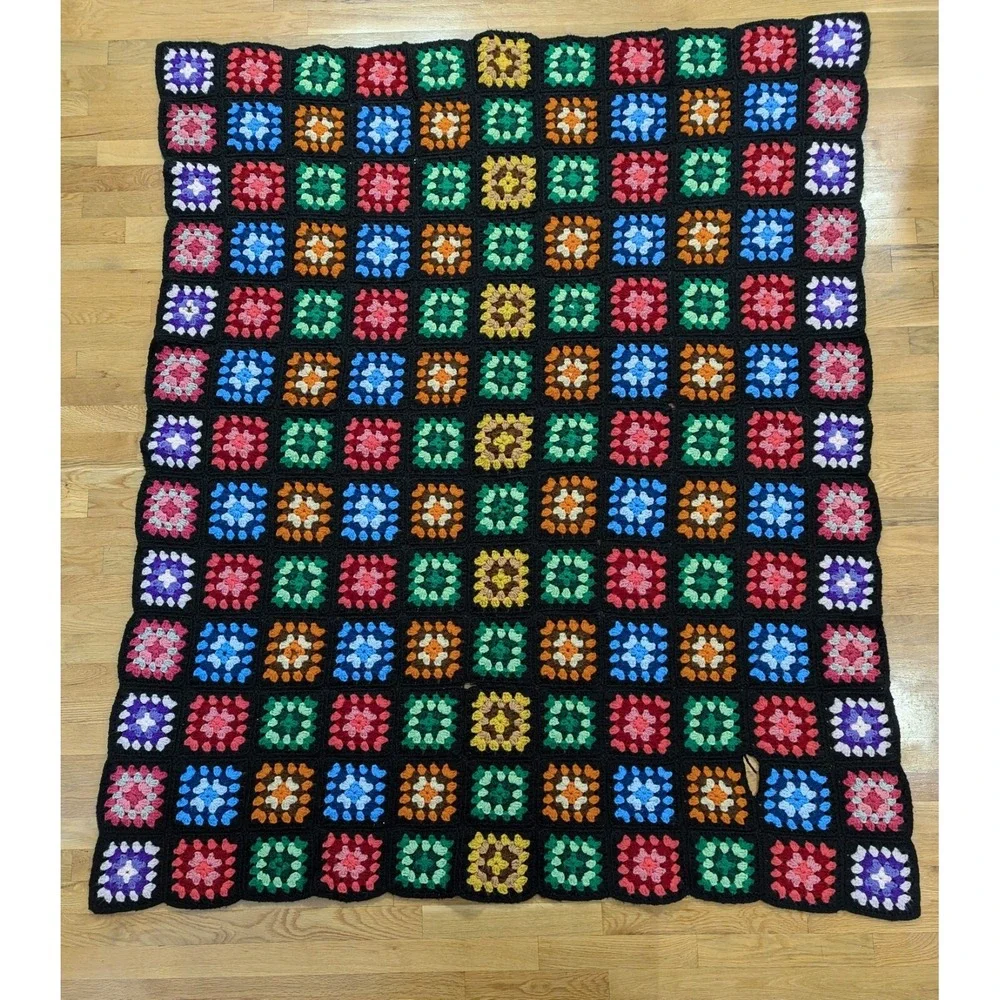 VTG Granny Square Roseanne Afghan Crochet Multicolor Blanket Throw Colorful READ